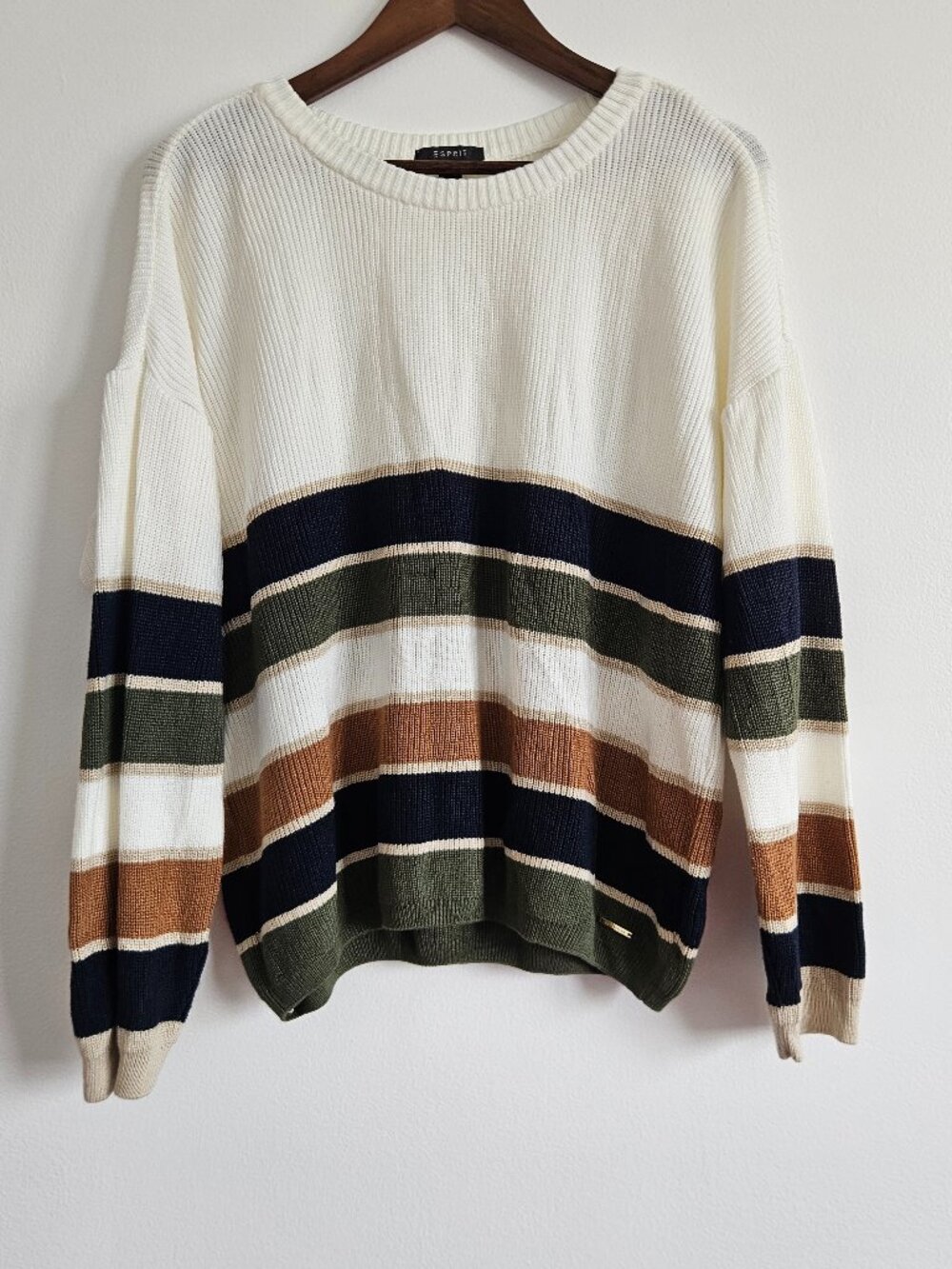 Esprit Collection XL Knit Sweater Striped Blue Tan Cream Green Long Sleeve